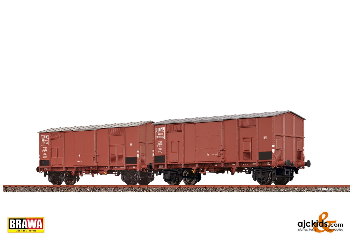 Brawa 48573 H0 Covered Peak Roof Cars F FS, set of 2 at Ajckids. MPN: 4012278485737