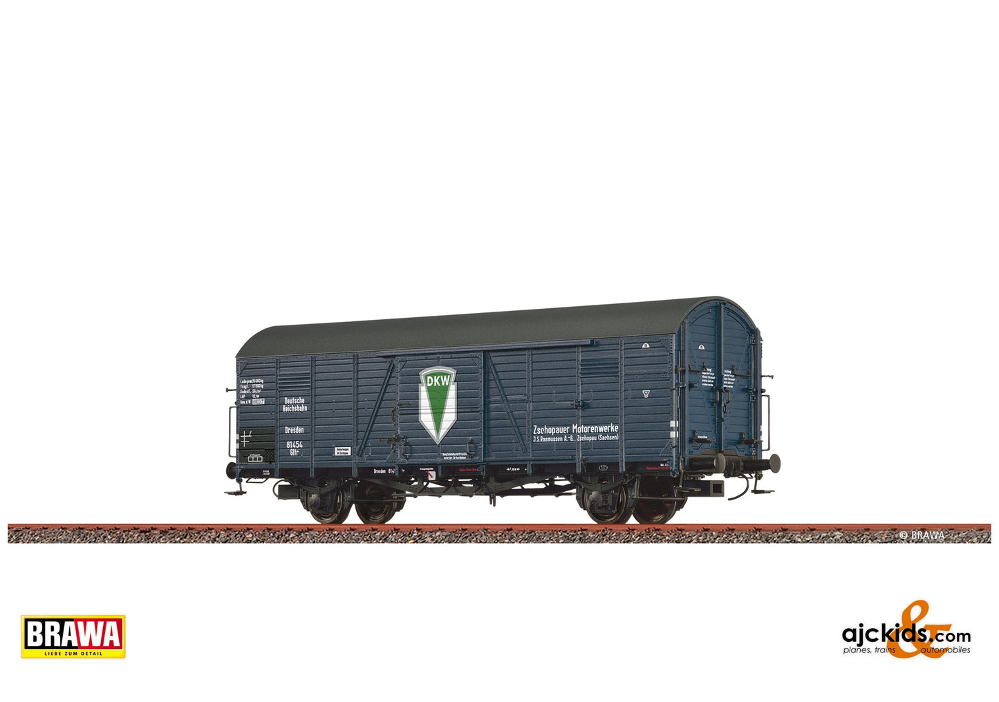Brawa 50965 H0 Covered Freight Car Gltr "DKW" DRG at Ajckids. MPN: 4012278509655