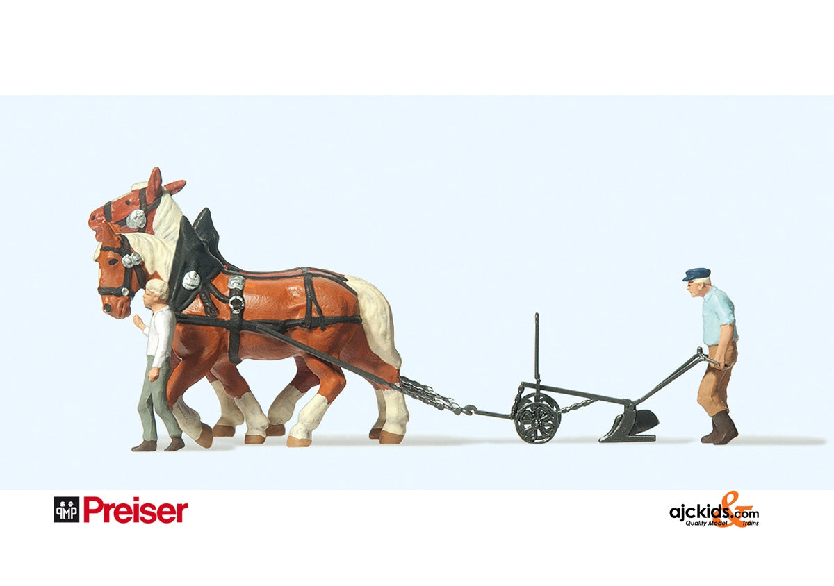 Preiser 30431 - Farmer with plow 2 horses