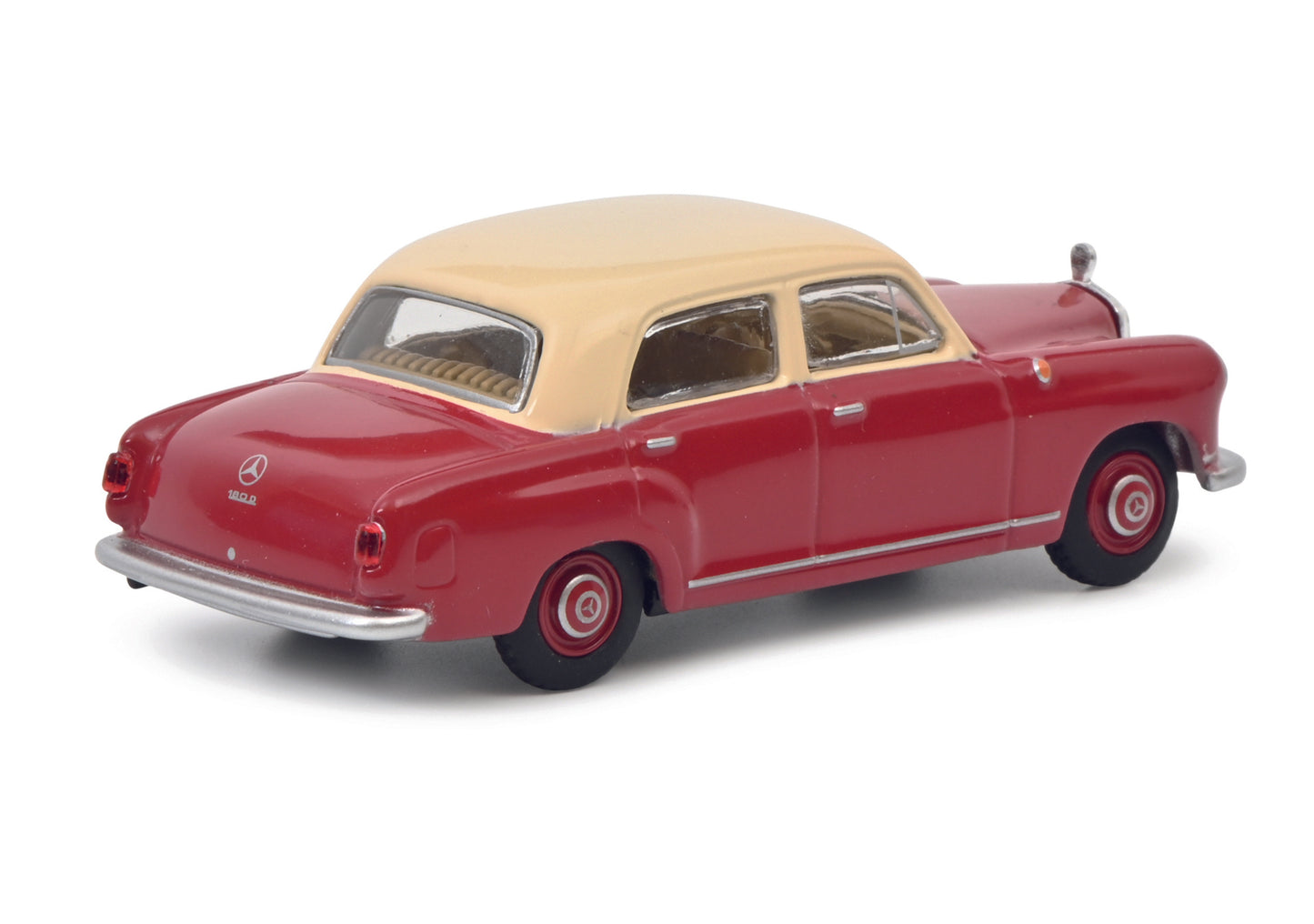 Schuco 452034200 - MB 180 D red/beige 1:64 EAN: 4007864058075, at Ajckids.com, authorized Schuco dealer for the USA.
