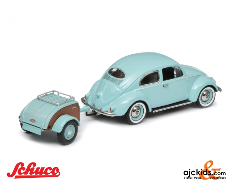 Schuco 450269900 VW Beetle Ovali with trailer Westfalia, turquoise