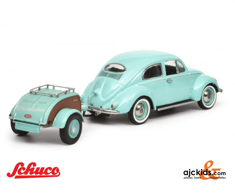 Schuco 450269900 VW Beetle Ovali with trailer Westfalia, turquoise